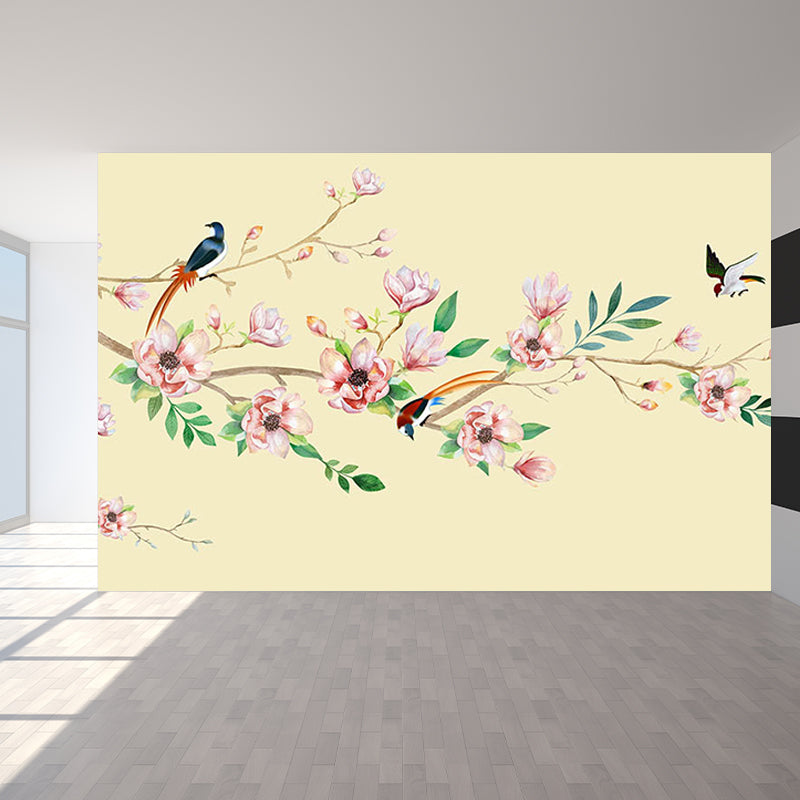 Contemporary Flower Branch Mural Soft Color Stain-Proofing Wall Art for Playroom