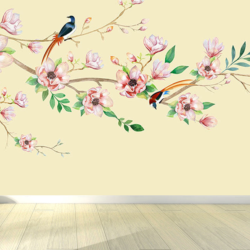 Contemporary Flower Branch Mural Soft Color Stain-Proofing Wall Art for Playroom