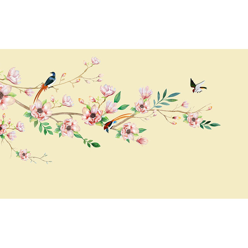 Contemporary Flower Branch Mural Soft Color Stain-Proofing Wall Art for Playroom