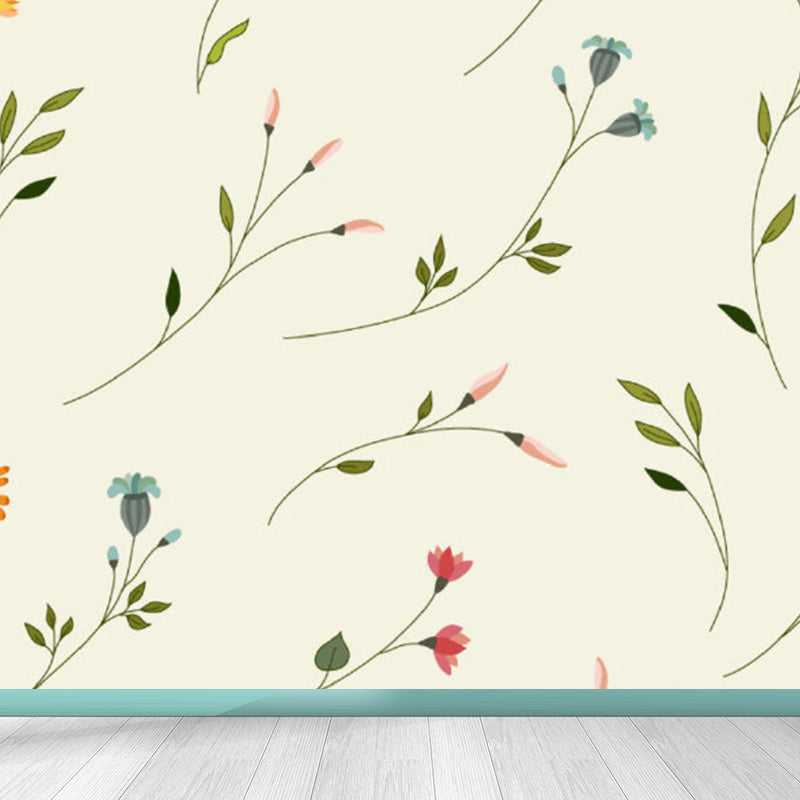 Pastel Color Flower Print Mural Wallpaper Moisture-Proof Wall Art for Dining Room