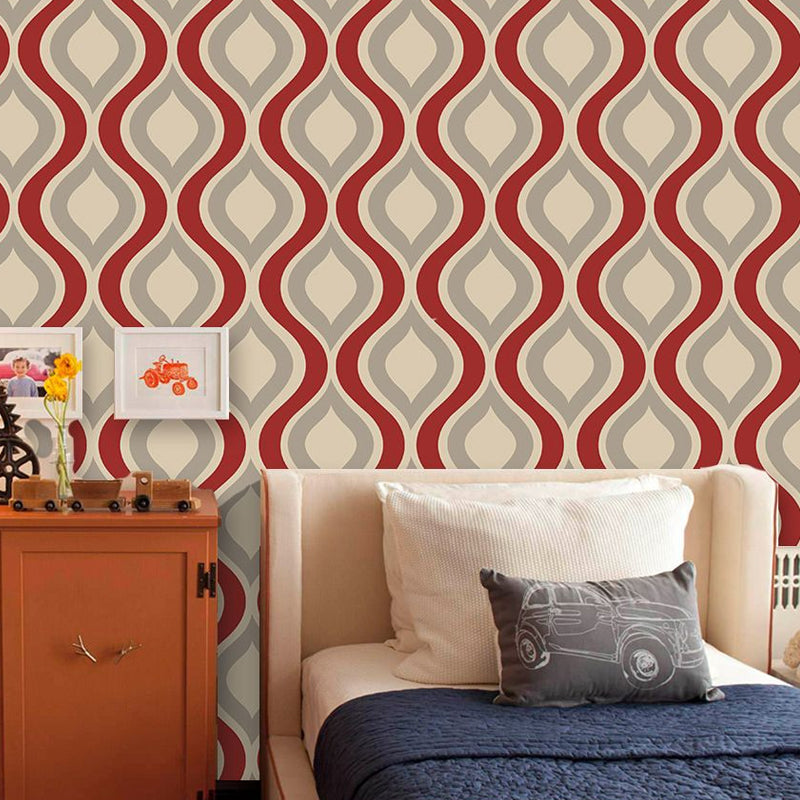 Peel and Paste Ogee Wallpaper Panels PVC Modern Wall Decor for Hallway, Beige and Blue