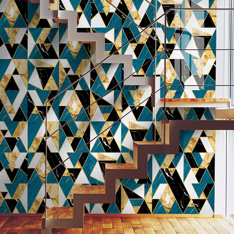 Mid Century Triangle Mosaic Wallpapers Blue and Black Peel and Stick Wall Decor for Living Room