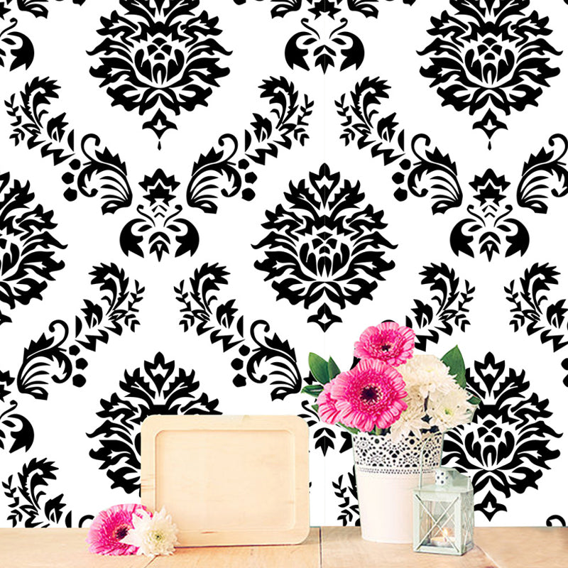 Retro Style Damask Wallpaper Panel Set Grey Flower Print Wall Decor, Peel and Paste