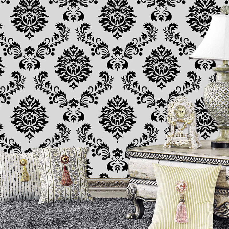 Retro Style Damask Wallpaper Panel Set Grey Flower Print Wall Decor, Peel and Paste