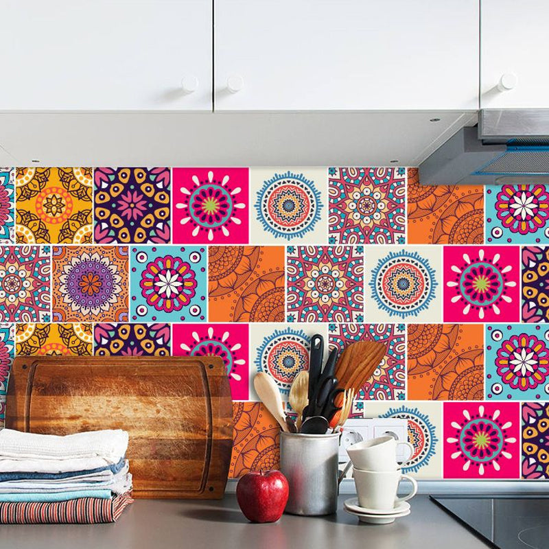 Boho-Chic Mandala Wallpaper Panels for Kitchen 8' L x 8" W Adhesive Wall Art in Orange
