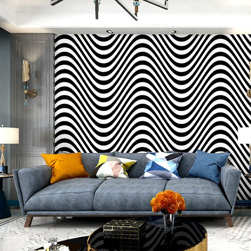 Modern Seamless Waves Wallpaper Black and White Self Adhesive Wall Decor for Home