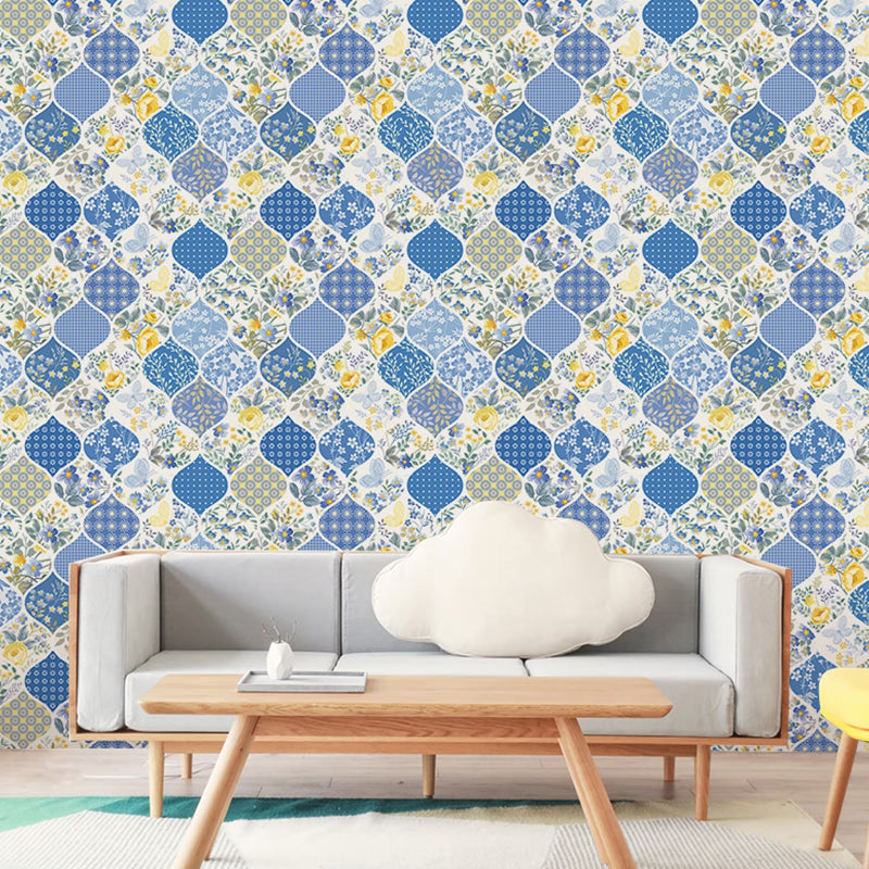 Blue Ogee Wallpaper Roll Flower Print Rustic Peel and Stick Wall Decor for Living Room