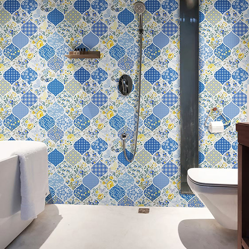 Blue Ogee Wallpaper Roll Flower Print Rustic Peel and Stick Wall Decor for Living Room