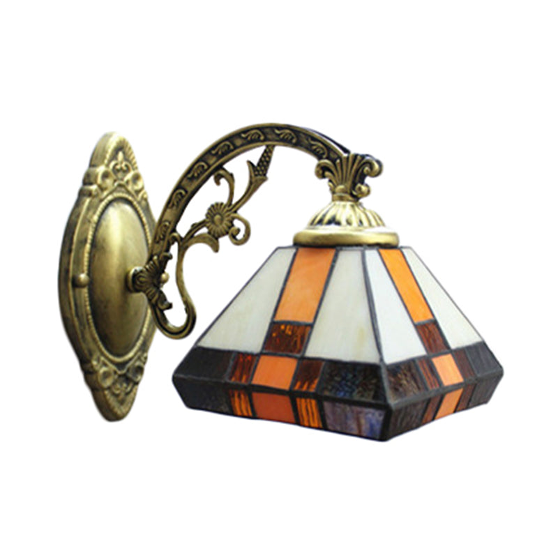 Stained Glass Tapered Wall Lighting 1 Head Mission Style Mini Wall Sconce Light in Antique Brass