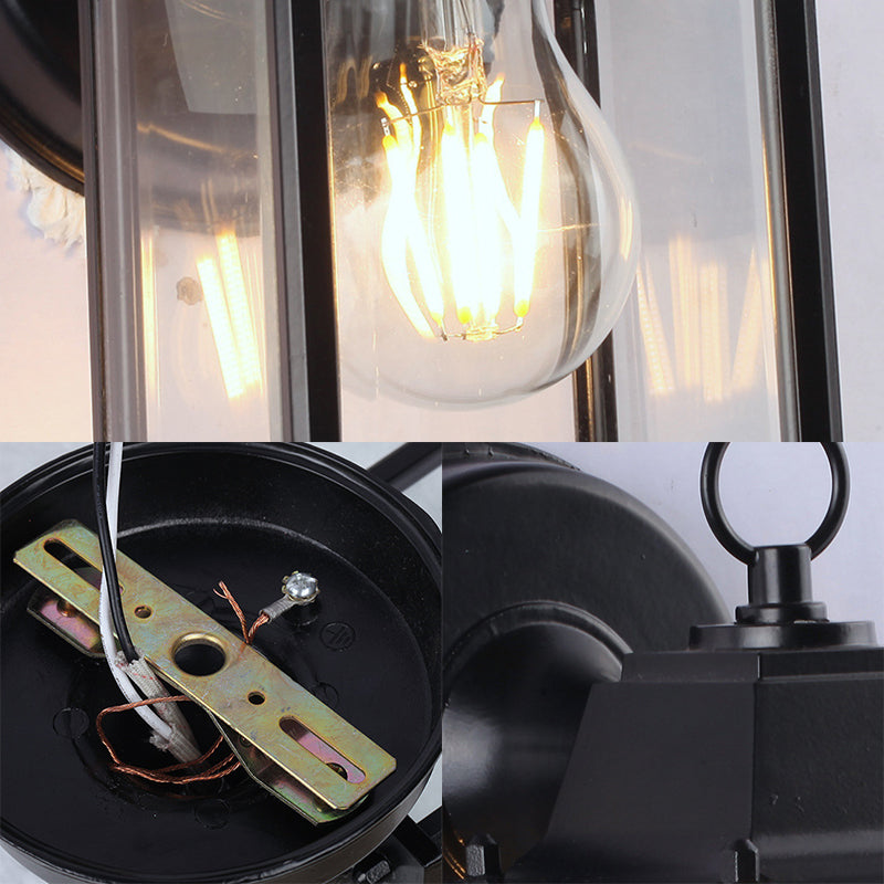 Industrieller Quadratschattenleuchte 1 Glühbirne Klares Glaswandmontage in Schwarz für Outdoor