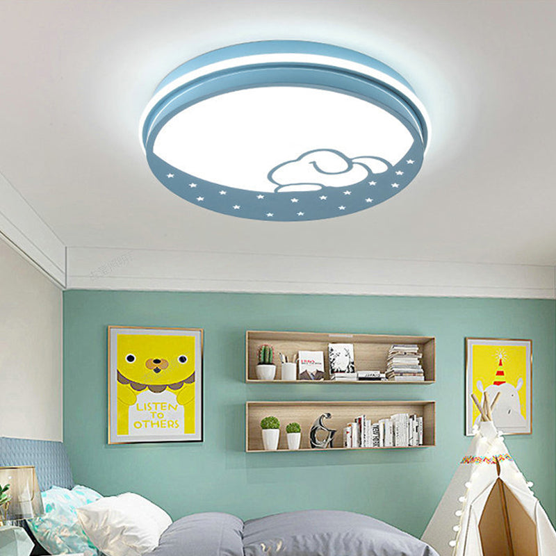 Lovely Circle LED Flush Ceiling Light with Moon & Rabbit Metal Whit Ceiling Lamp for Kindergarten