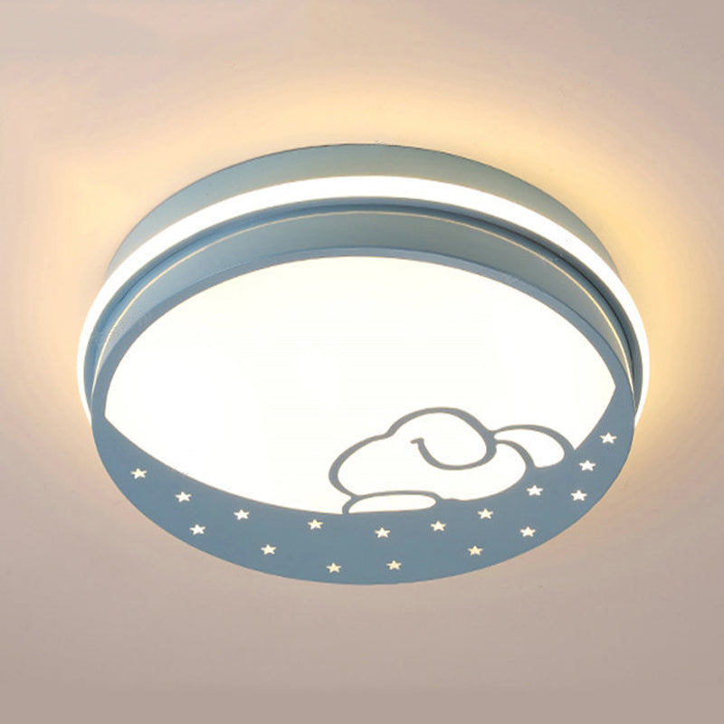 Lovely Circle LED Flush Ceiling Light with Moon & Rabbit Metal Whit Ceiling Lamp for Kindergarten