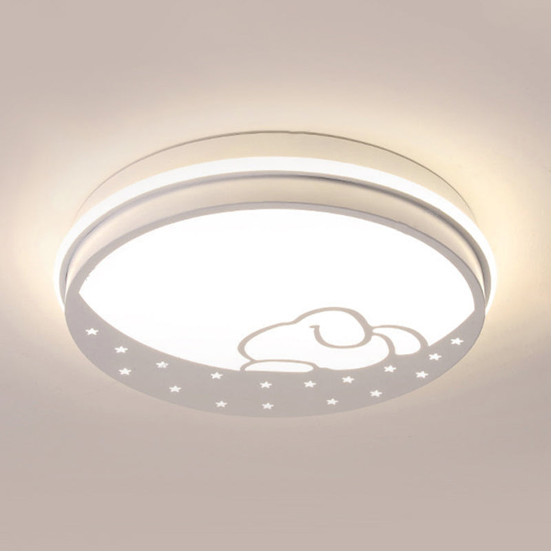 Lovely Circle LED Flush Ceiling Light with Moon & Rabbit Metal Whit Ceiling Lamp for Kindergarten