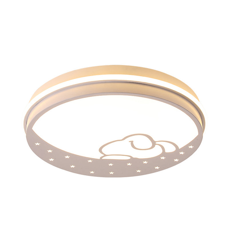 Lovely Circle LED Flush Ceiling Light with Moon & Rabbit Metal Whit Ceiling Lamp for Kindergarten