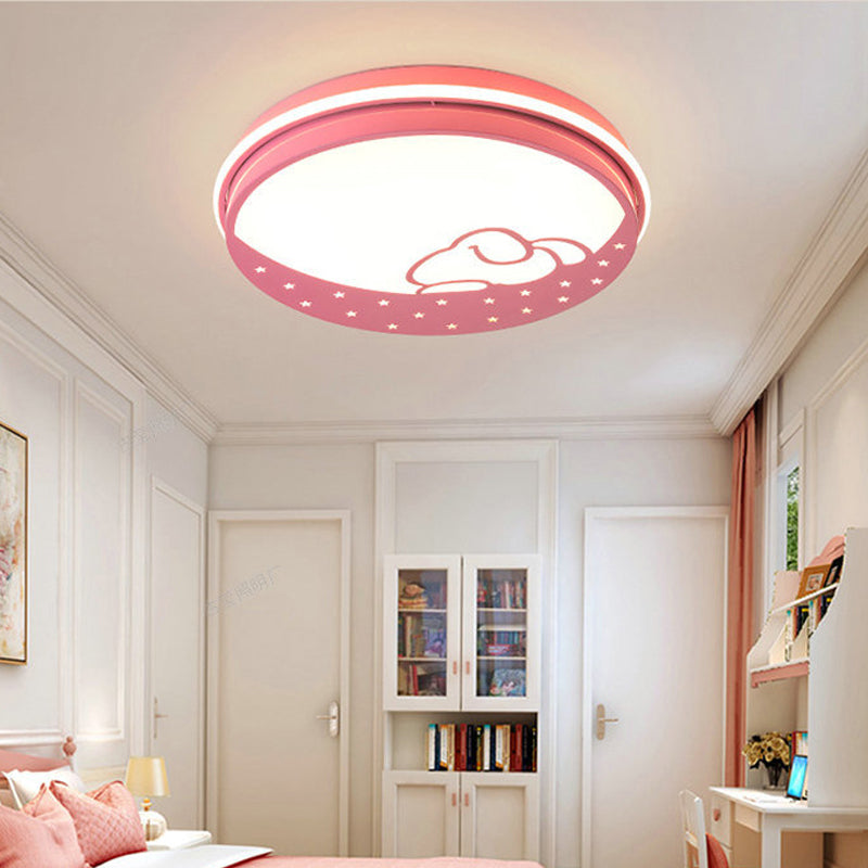Lovely Circle LED Flush Ceiling Light with Moon & Rabbit Metal Whit Ceiling Lamp for Kindergarten