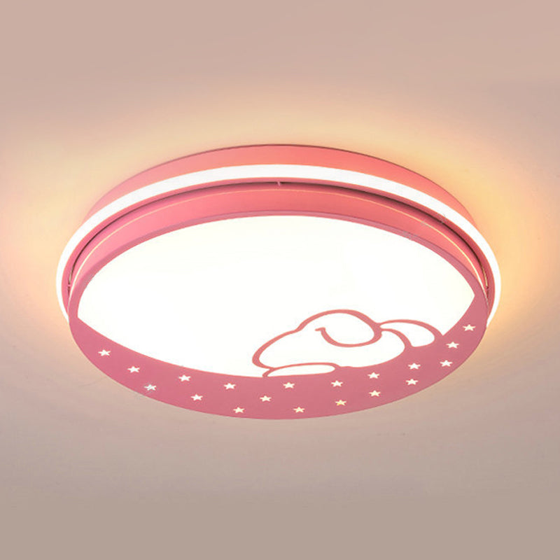 Lovely Circle LED Flush Ceiling Light with Moon & Rabbit Metal Whit Ceiling Lamp for Kindergarten