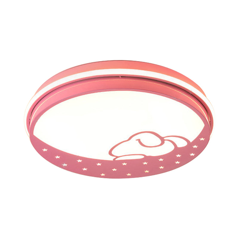 Lovely Circle LED Flush Ceiling Light with Moon & Rabbit Metal Whit Ceiling Lamp for Kindergarten