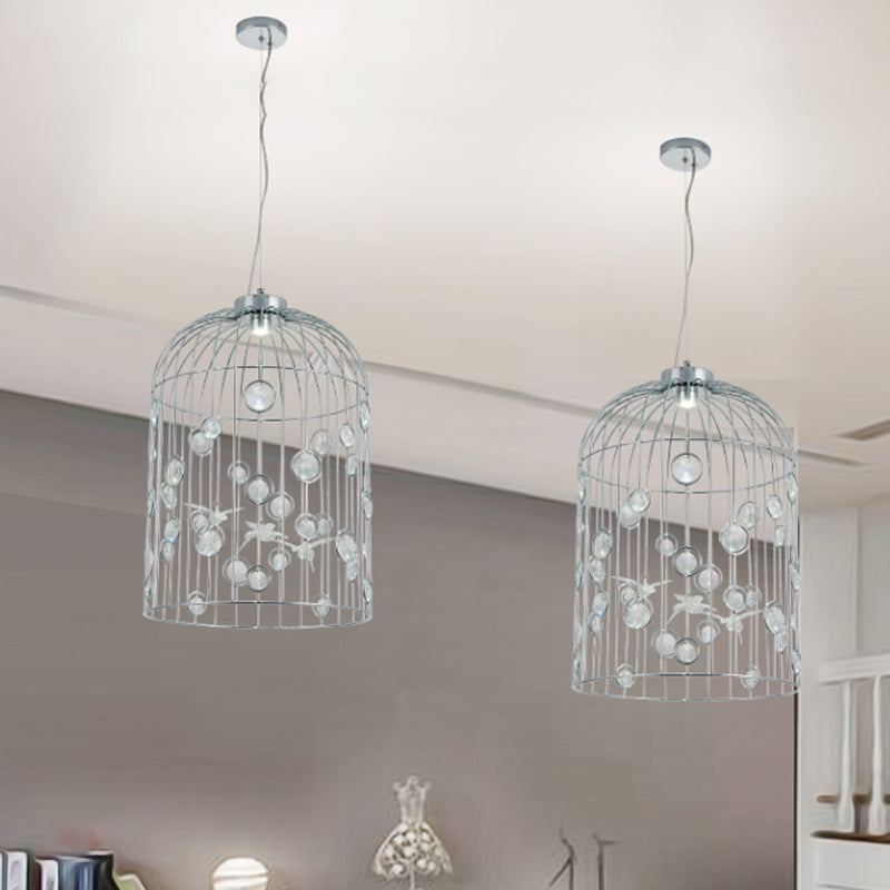Metal Bird Cage Pendant Light Crystal Bead Deco Pendant Chandelier for Dining Room