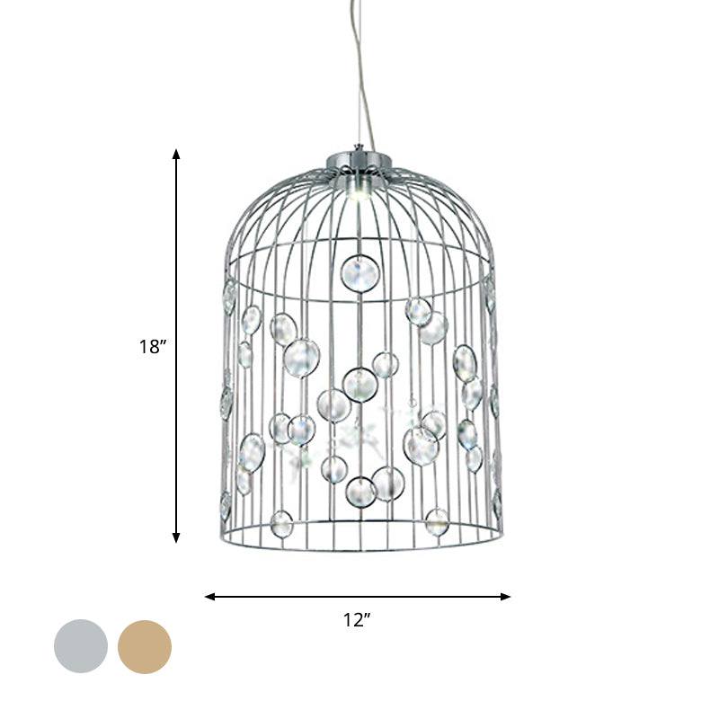 Metal Bird Cage Pendant Light Crystal Bead Deco Pendant Chandelier for Dining Room