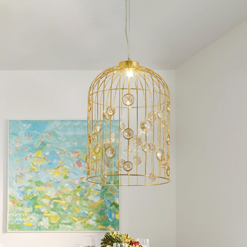 Metal Bird Cage Pendant Light Crystal Bead Deco Pendant Chandelier for Dining Room