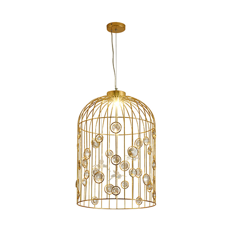 Metal Bird Cage Pendant Light Crystal Bead Deco Pendant Chandelier for Dining Room