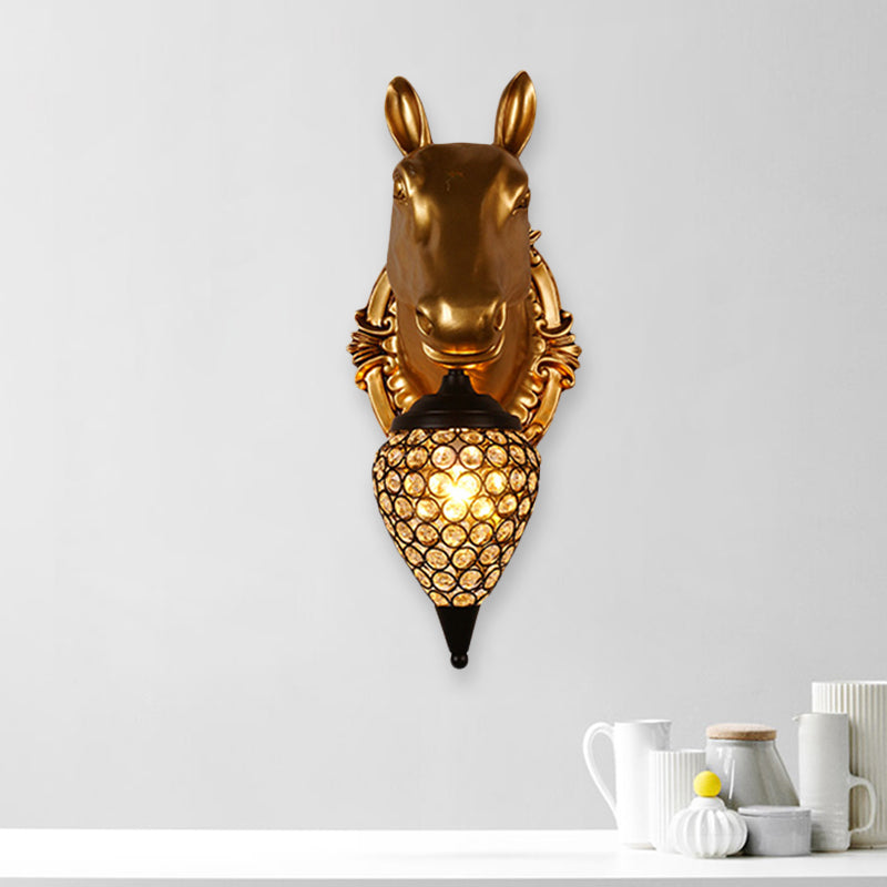 Metal Animal Wall Sconce Black Crystal Hollow Cone Shade Wall Light
