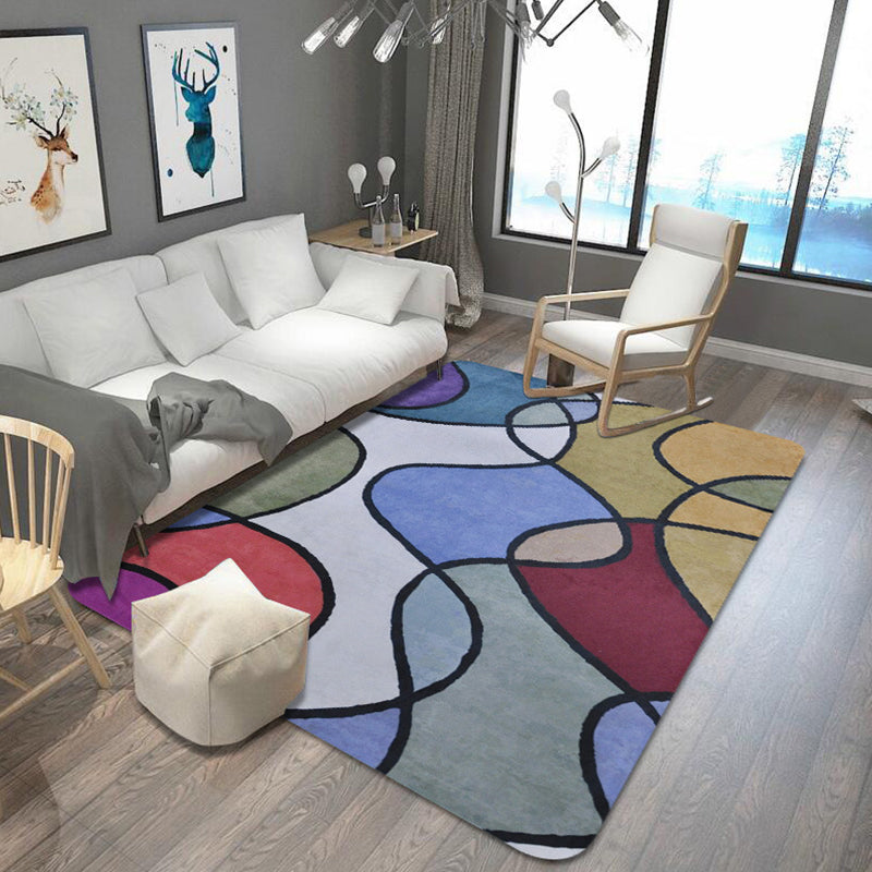 Modernist Blue Synthetic Foot Mat Color Block Designer Washable Indoor Area Rug for Office
