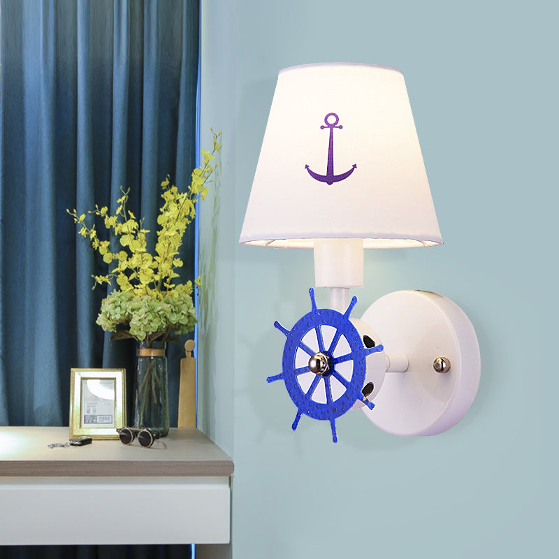 1 Bulb Tapered Shade Wall Light Nautical Fabric Sconce Light in White for Study Room