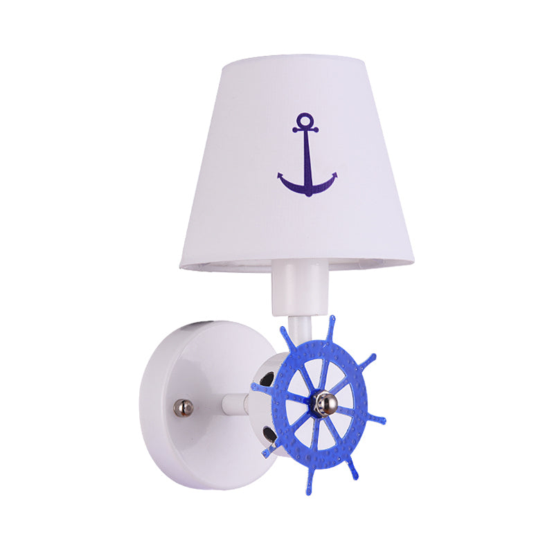 1 Bulb Tapered Shade Wall Light Nautical Fabric Sconce Light in White for Study Room