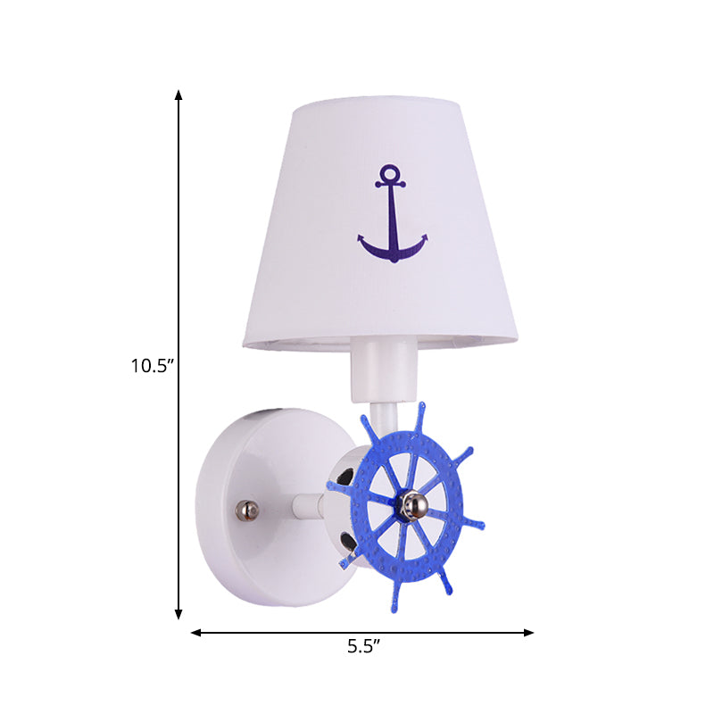 1 Bulb Tapered Shade Wall Light Nautical Fabric Sconce Light in White for Study Room