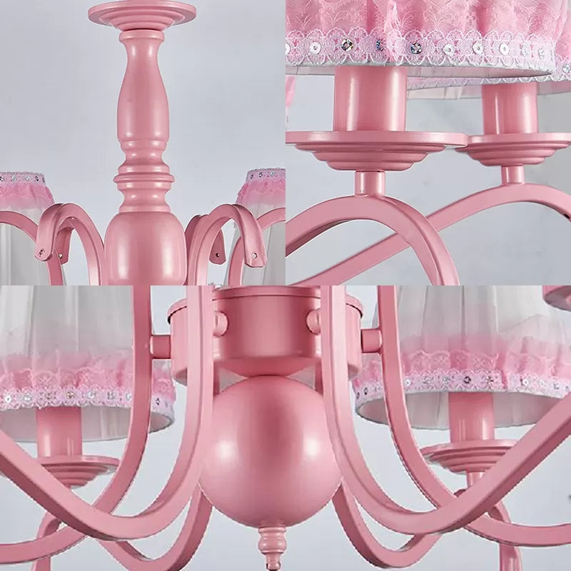 Kids Fold Tapered Shade Chandelier Metal Eight Lights Pink Pendant Light with Lace for Villa