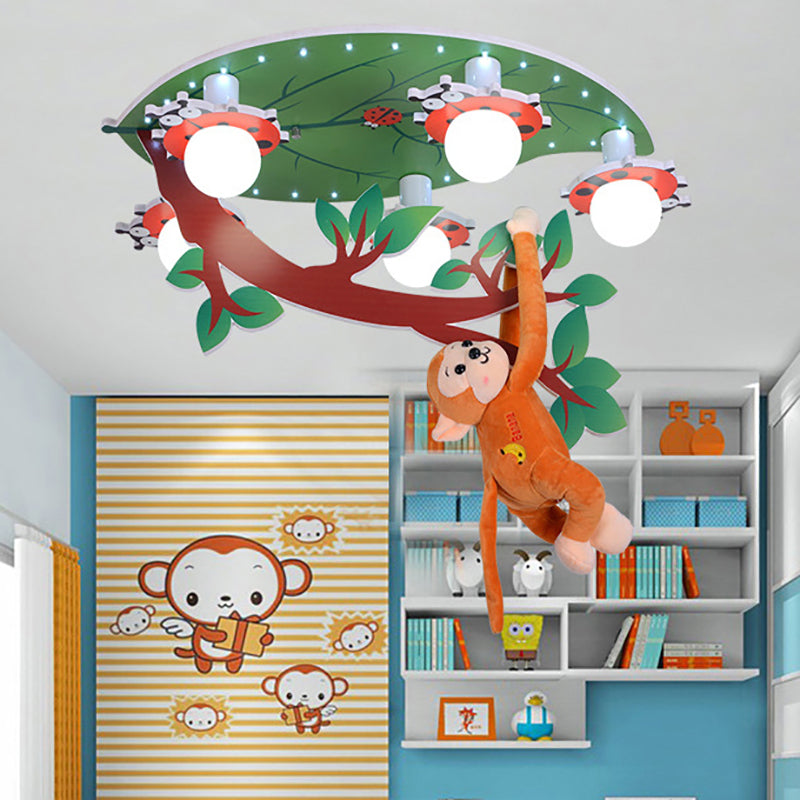 Wood Leaf Branch Ceiling Mount Light with Hanging Monkey Animal Ceiling Lamp in Green for Baby Room