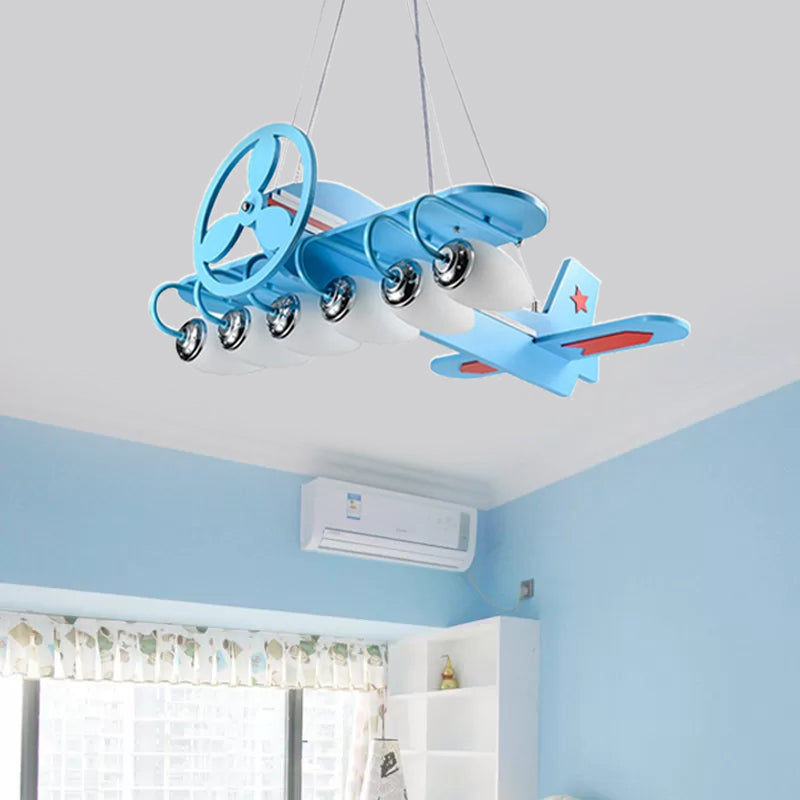 Modern Cool Propeller Airplane Chandelier 6 Lights Wood Suspension Light in Blue for Boys Bedroom