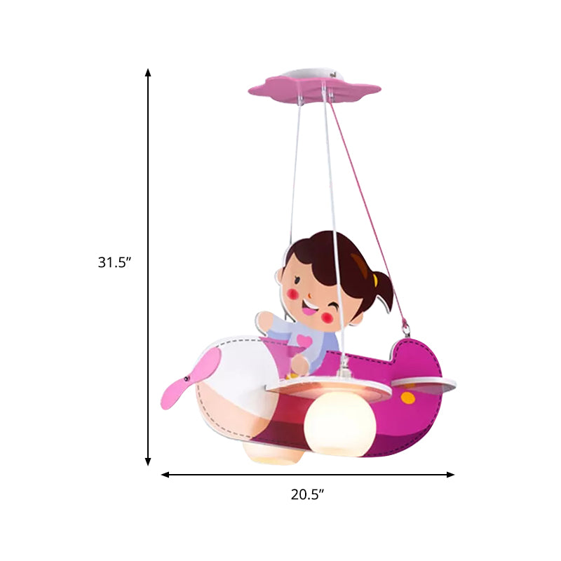 Pink Airplane Hanging Light with Little Girl 2 Lights Cartoon Wood Chandelier for Kids Bedroom