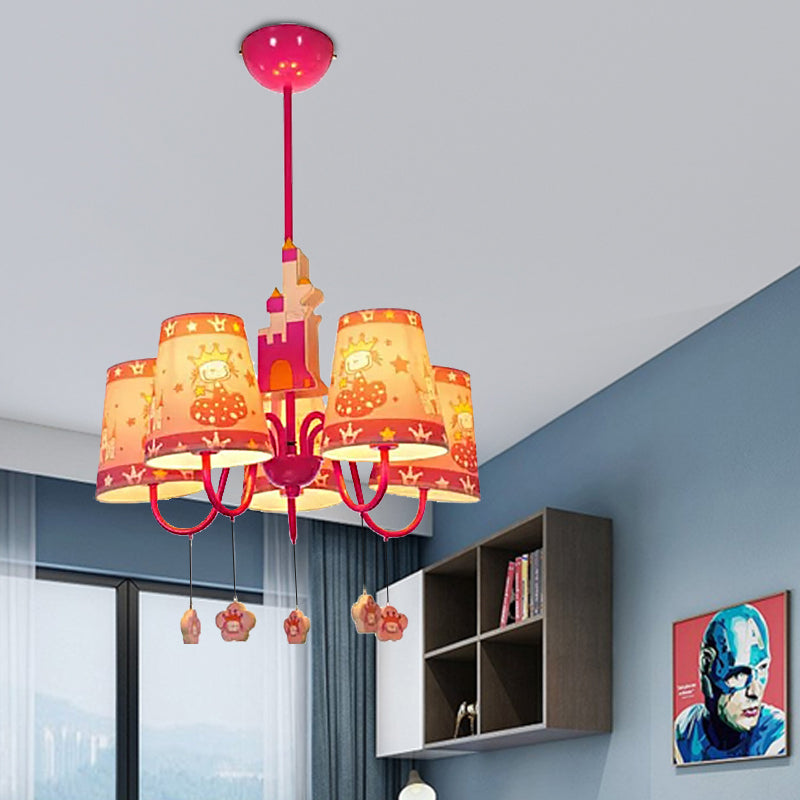 5 Lights Castle Chandelier with Princess Kids Metal Hanging Light in Pink for Girls Bedroom