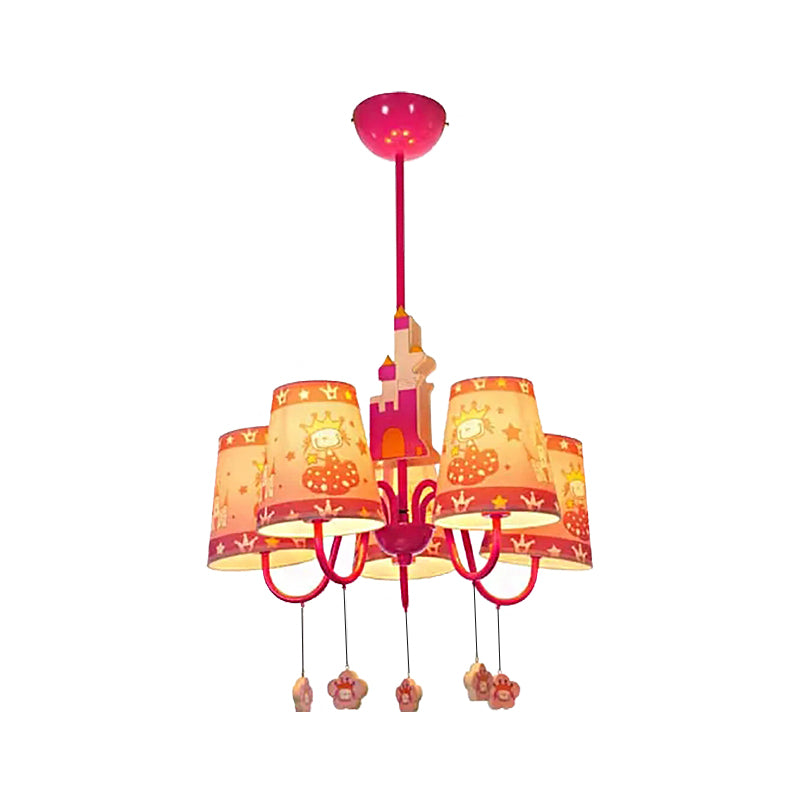 5 Lights Castle Chandelier with Princess Kids Metal Hanging Light in Pink for Girls Bedroom