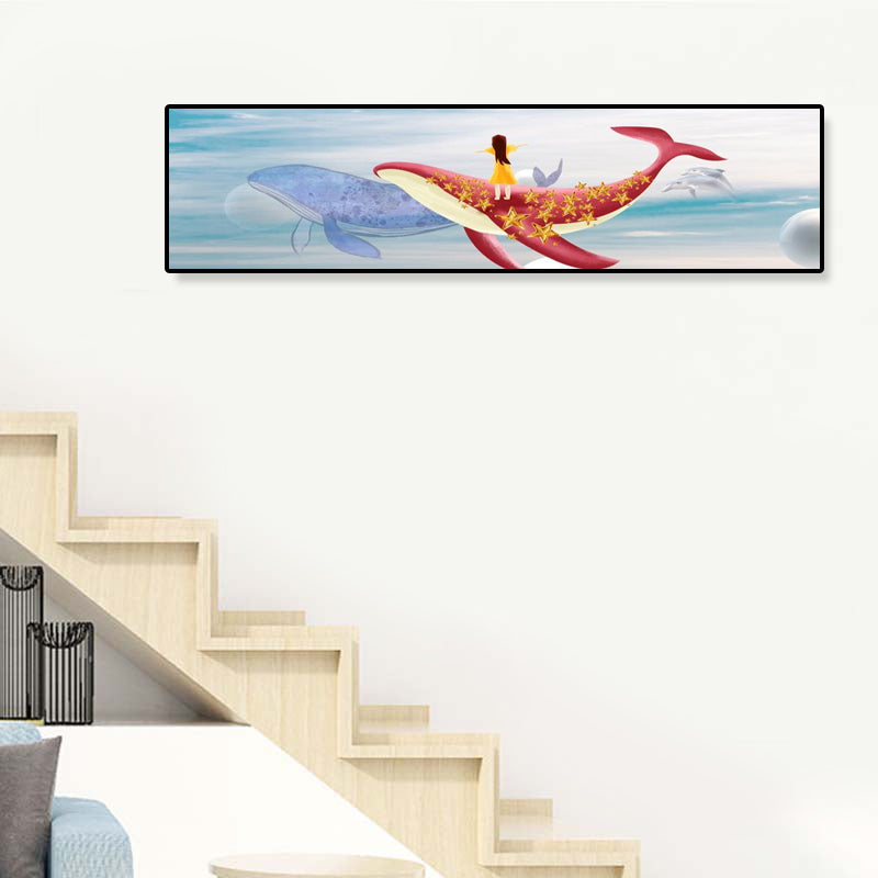 Fantasy Flying Whale Canvas Cartoon Textured Wall Art Print in Soft Color for Kids Room
