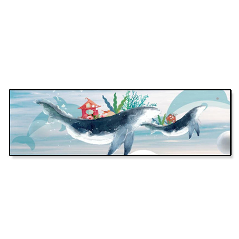 Fantasy Flying Whale Canvas Cartoon Textured Wall Art Print in Soft Color for Kids Room