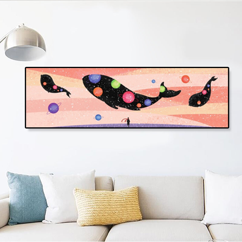 Fantasy Flying Whale Canvas Cartoon Textured Wall Art Print in Soft Color for Kids Room