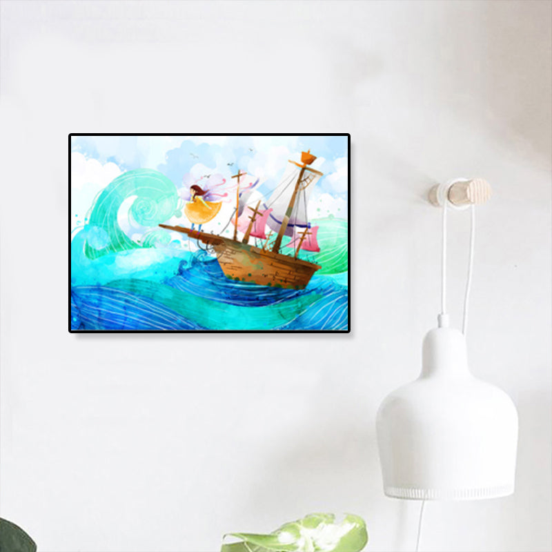 Kids Drawing Sailing Ship Canvas Wall Art Blue Adventure Wall Decor for Girls Room