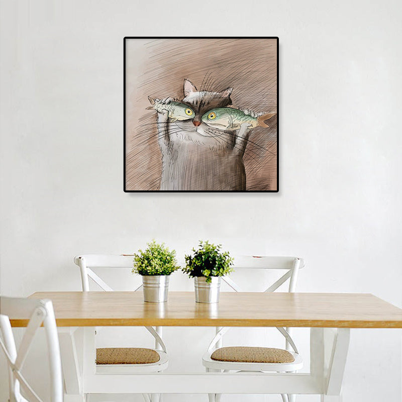 Kawaii Chubby Cat Canvas Art for Dining Room, Dark Color, Multiple Sizes Available
