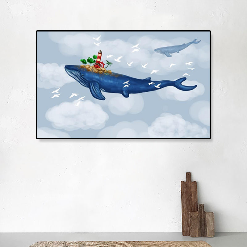 Dreamlike Flying Whales Canvas Art Childrens Bedroom Animal Wall Decor in Soft Color