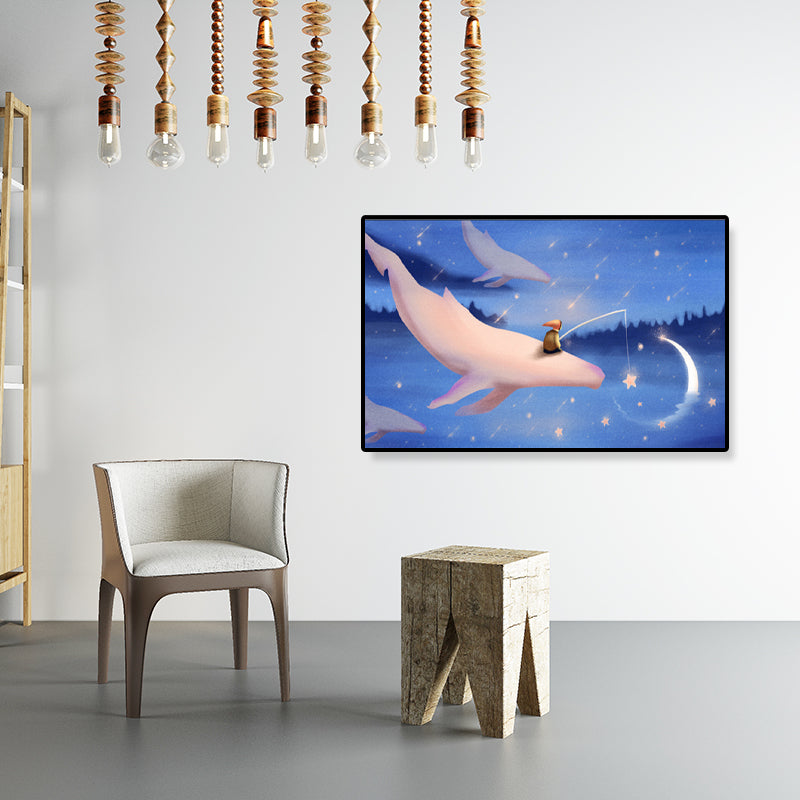 Dreamlike Flying Whales Canvas Art Childrens Bedroom Animal Wall Decor in Soft Color