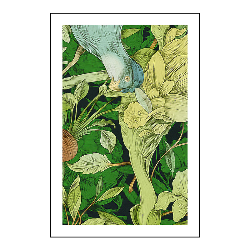 Green Childrens Art Wall Decor Illustration Bird and Flower Canvas Print for Dining Room