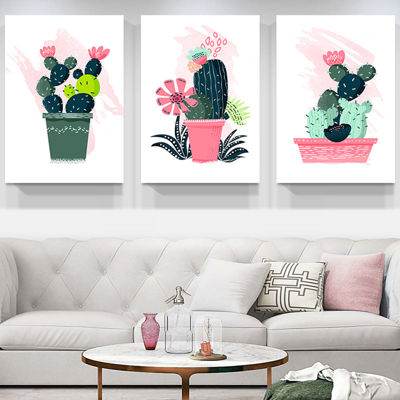 Cartoon Pot Cactus Canvas Pastel Color Textured Wall Art for Girls Bedroom