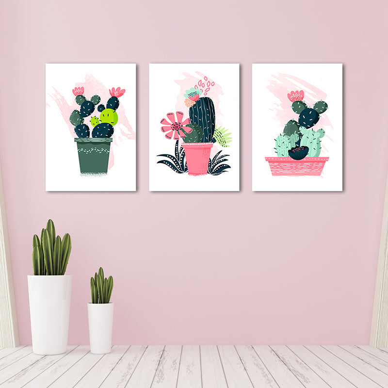Cartoon Pot Cactus Canvas Pastel Color Textured Wall Art for Girls Bedroom