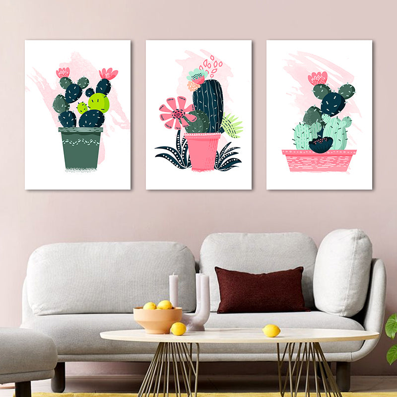 Cartoon Pot Cactus Canvas Pastel Color Textured Wall Art for Girls Bedroom