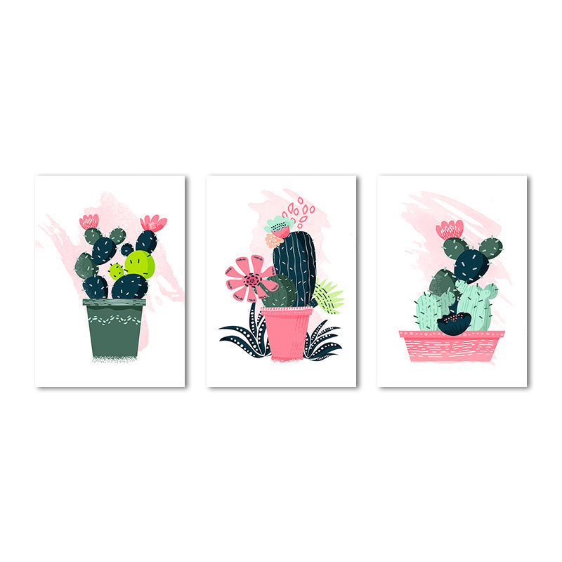 Cartoon Pot Cactus Canvas Pastel Color Textured Wall Art for Girls Bedroom