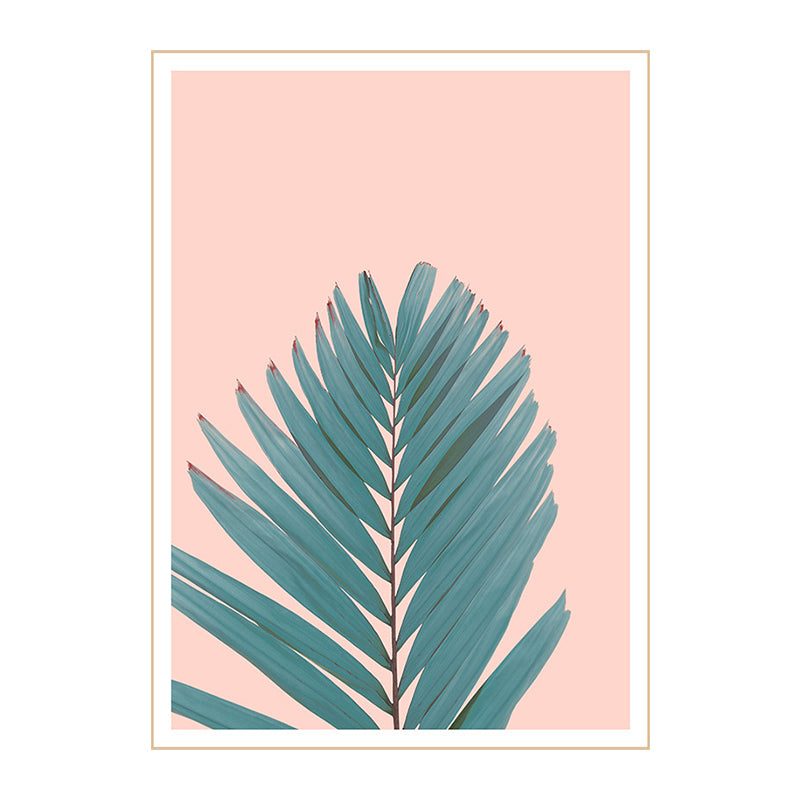 Nordic Fan Leaf Plant Art Print Green and Pink Textured Wall Decor for Living Room
