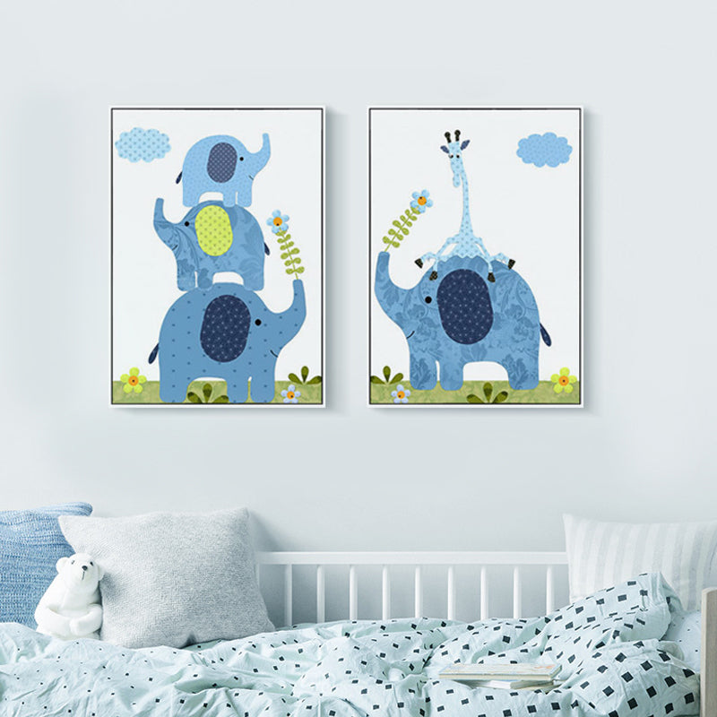 Elephant Canvas Wall Art Cartoon Cute Animal Pattern Wall Decor in Blue for Nursery